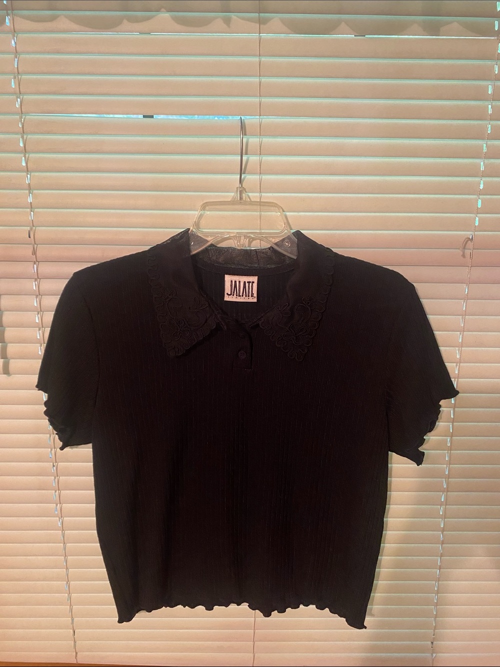 Jalate Black Ribbed Cropped Polo Top with Lace Collar